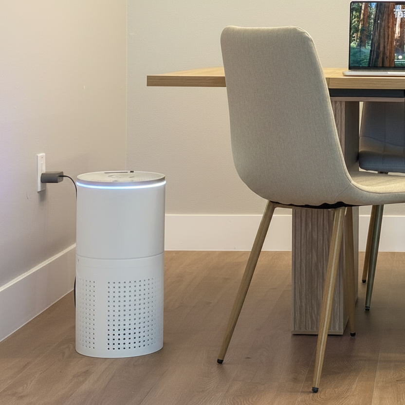 white air purifier on the ground next to dining room table, chair, and open laptop