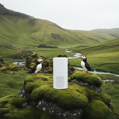 white air purifier in green hills of Iceland with two puffins