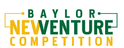 Baylor New Venture Competition logo with bold green and yellow text on a black background.
