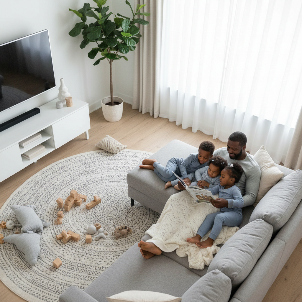 A father and three children relax on a light gray sectional sofa in a bright, modern living room, reading a book under a cream throw blanket. The scene is styled with a large round woven rug, wooden blocks, a potted plant, and a white media console.