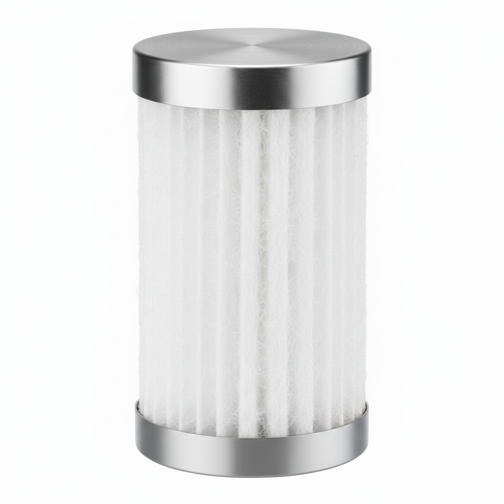 A cylindrical replacement air filter with white pleated paper media and polished silver metal end caps, shown on a solid white background.