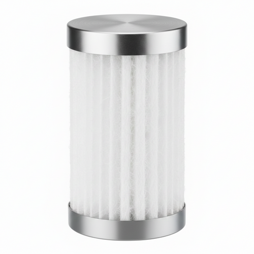 A cylindrical replacement air filter with white pleated paper media and polished silver metal end caps, shown on a solid white background.
