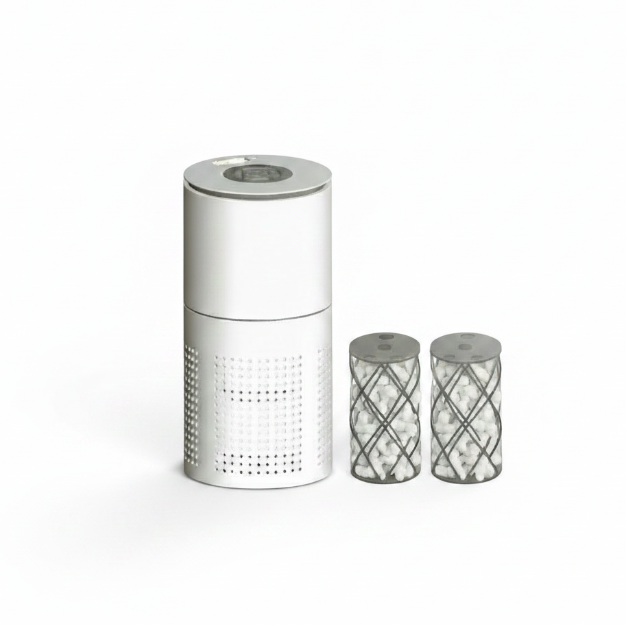 A white cylindrical air purifier or similar home appliance shown on a plain white background, alongside two dark gray cylindrical filter or accessory canisters.
