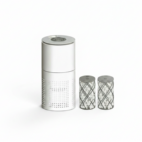 A white cylindrical air purifier or similar home appliance shown on a plain white background, alongside two dark gray cylindrical filter or accessory canisters.