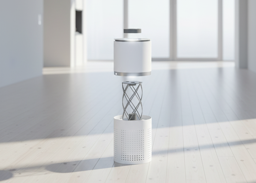 exploded view of air purifier showing the contents of the inside against a white, clean, living room background